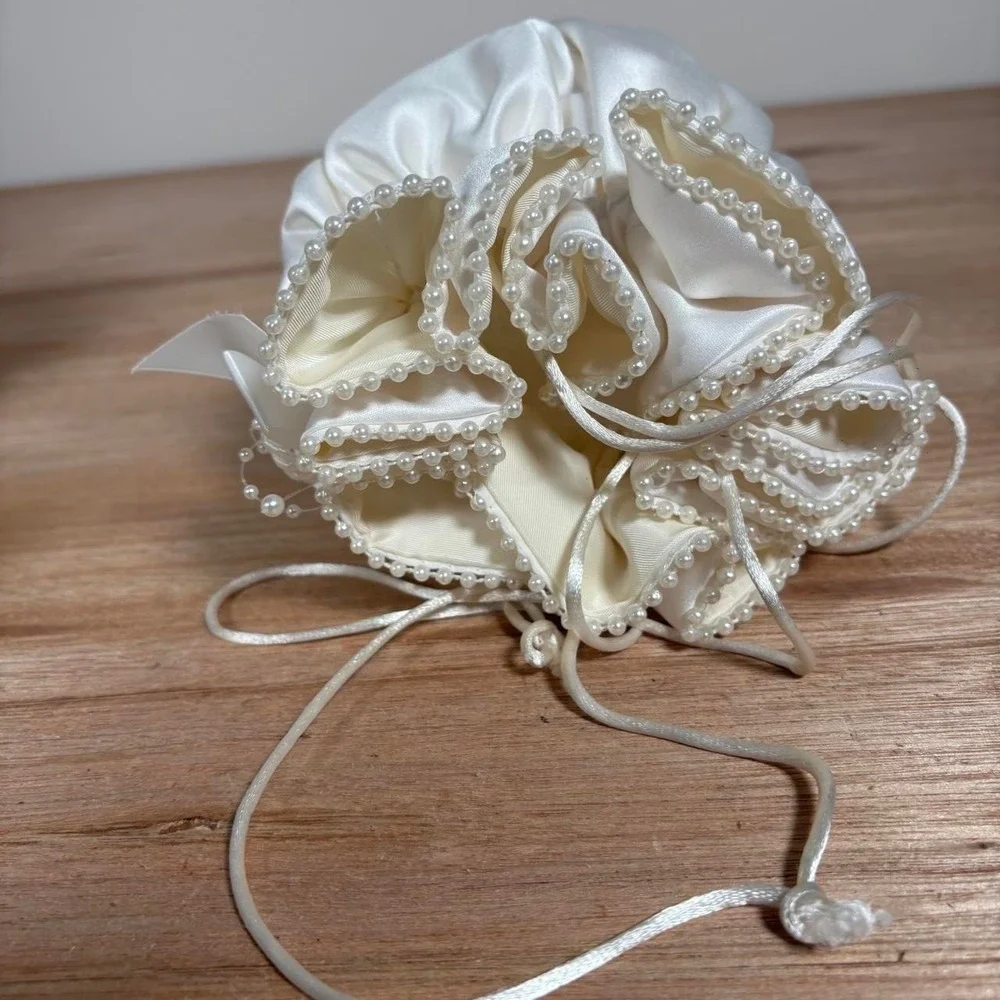 Beverly Clark Collection Tea Rose Bridal Pouch White Satin Pearl Drawstring Bag
